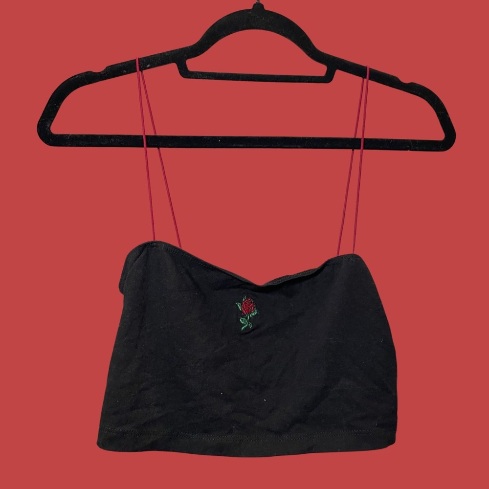 black crop top with embroidered rose and red straps